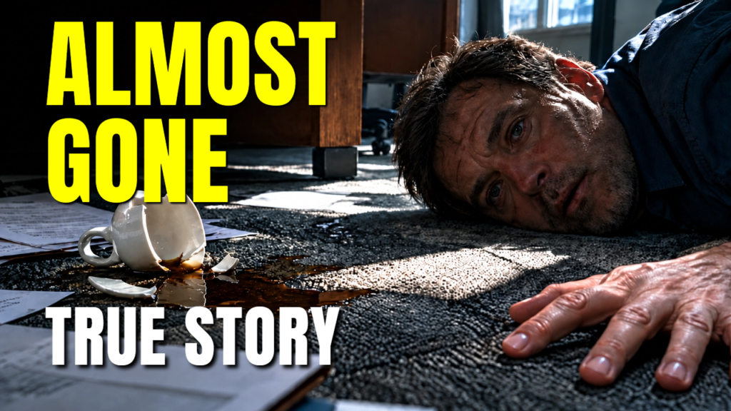 Heart attack survivor William, aged 50, with the words I SURVIVED and HEART ATTACK AT 50 on the True Life Story Break video thumbnail